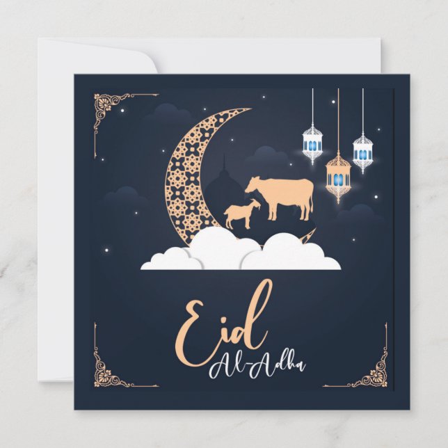 Eid ul Adha Mubarak Crescent Goat Islamic Lantern  Holiday Card (Front)