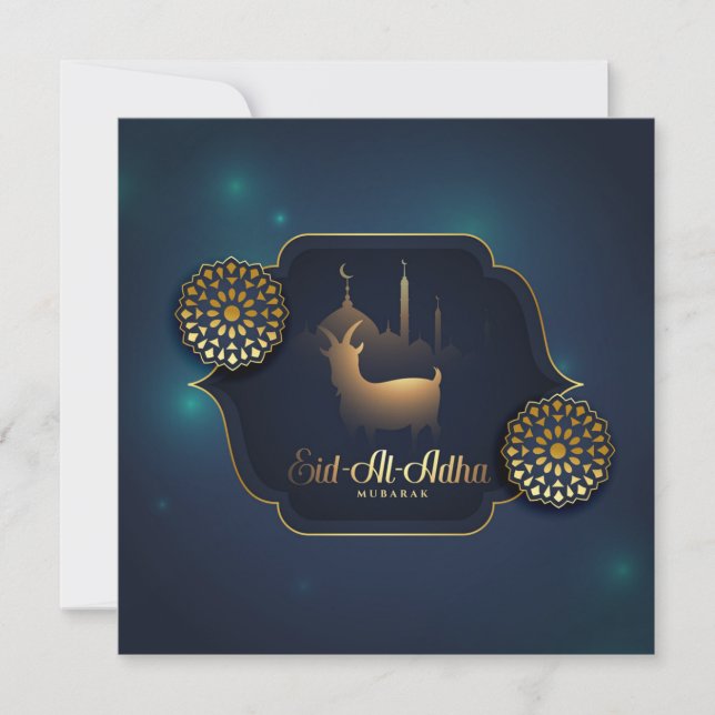Eid Ul Adha Mubarak Goat Gold Ornaments Mosque Holiday Card (Front)