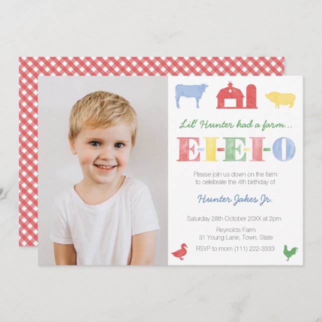 EIEIO Old MacDonald Farm Birthday Party for Boy Invitation (Front/Back)