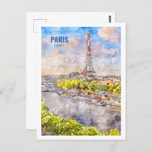 Eiffel Paris France Famous Travel Watercolor Postcard