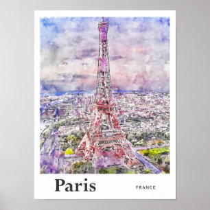 Eiffel Paris France Travel Watercolor Hand Drawn Poster