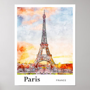 Eiffel Paris France Watercolor Sketch Hand Drawn Poster