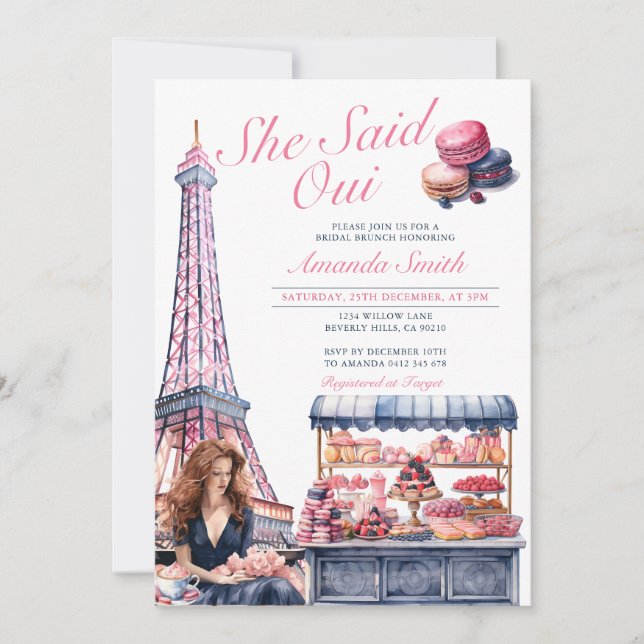 Eiffel She said Oui Bridal Shower Cafe Patisserie Invitation (Front)