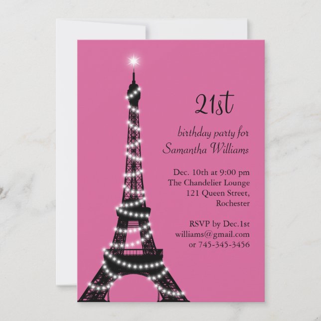 Eiffel Tower 21st Birthday Invitation (fuchsia) (Front)