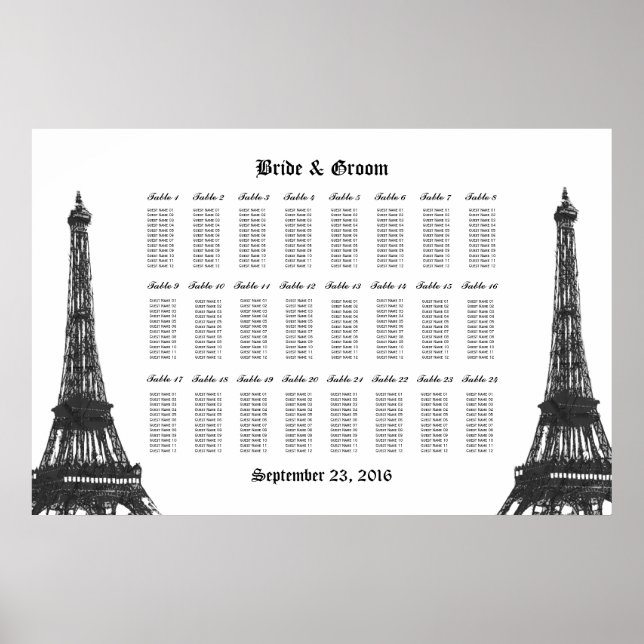 Eiffel Tower 24 Table Large Seating Chart (Front)