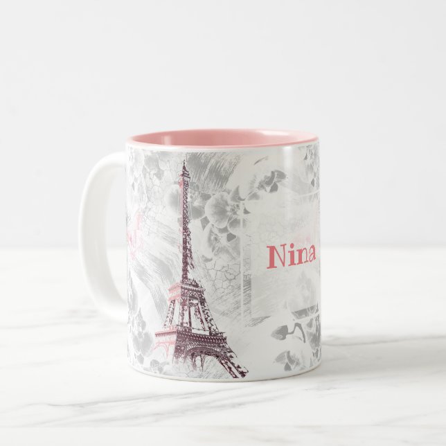 Eiffel tower against the background of orchids Two-Tone coffee mug (Front Left)