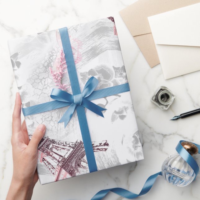 Eiffel tower against the background of orchids wrapping paper (Gifting)