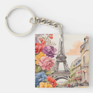 Eiffel Tower and Beautiful Flowers 1 Key Ring