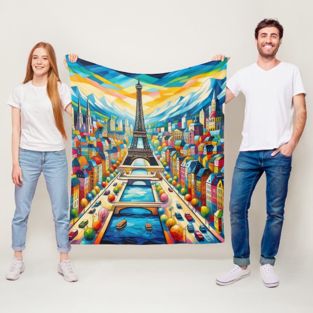 Eiffel tower and colourful buildings painting fleece blanket (In Situ)