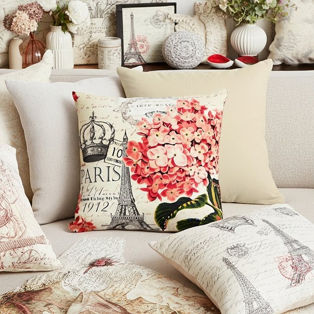 Eiffel Tower and hydrangea  Cushion (Creator Uploaded)