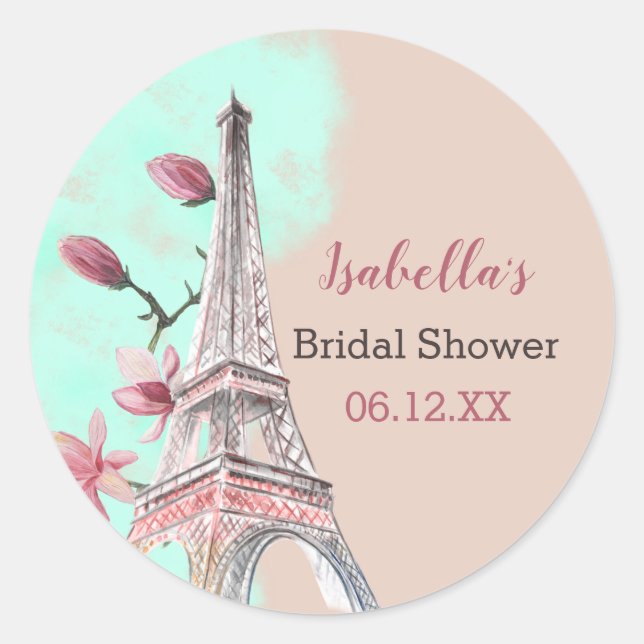 Eiffel Tower and Magnolia Flowers Bridal Shower Classic Round Sticker (Front)