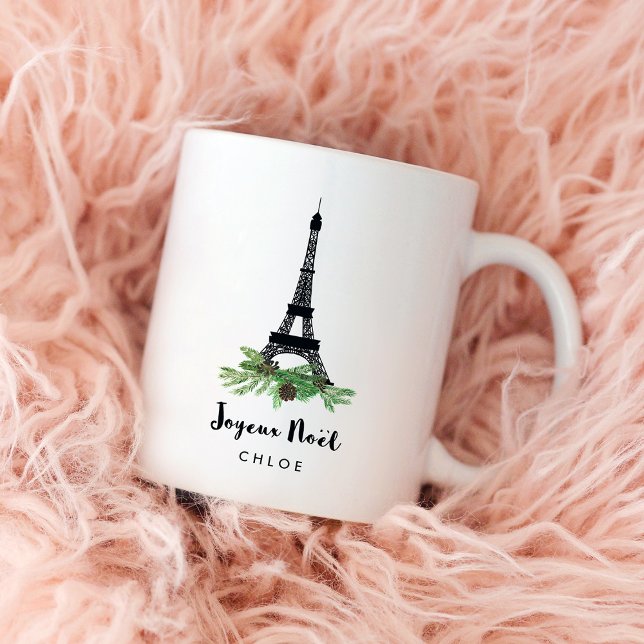 Eiffel Tower and Pine | Modern Joyeux Noel Coffee Mug (An elegant, French inspired Christmas mug with the Eiffel Tower and pine cones and greenery)