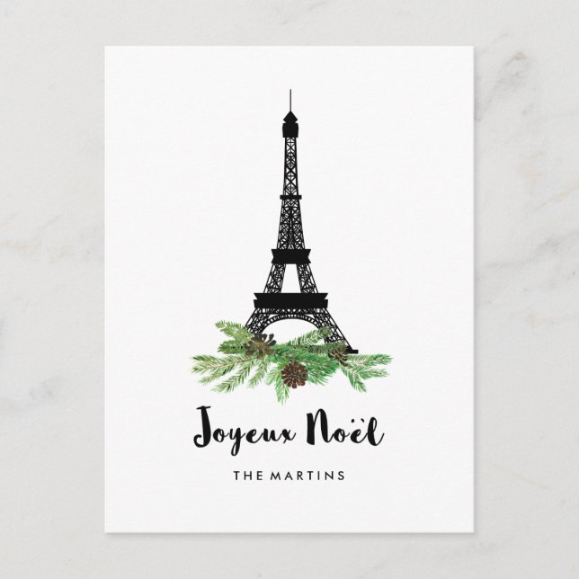 Eiffel Tower and Pine Modern Joyeux Noel Holiday Postcard (Front)