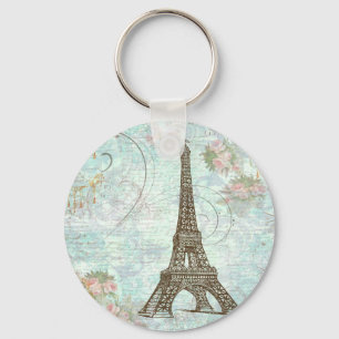 Eiffel Tower and Pink Roses Key Ring