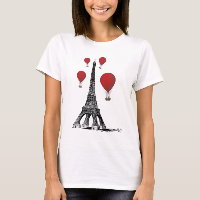 Eiffel Tower and Red Hot Air Balloons T-Shirt (Front)