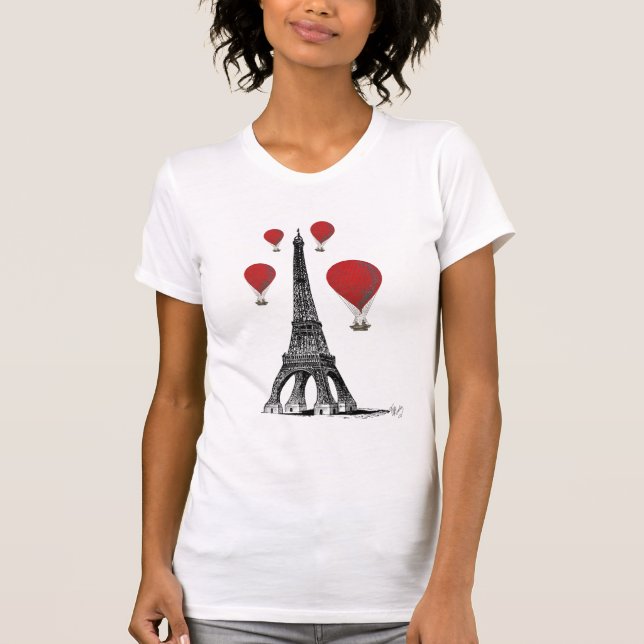 Eiffel Tower and Red Hot Air Balloons T-Shirt (Front)