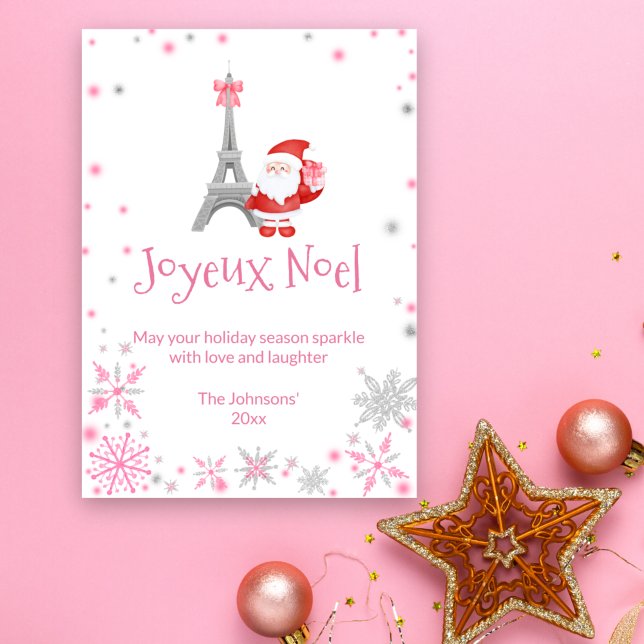 Eiffel Tower and Santa Pink Paris Christmas Holiday Card (Creator Uploaded)