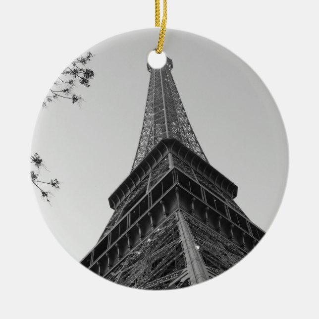 Eiffel Tower b/w Ceramic Tree Decoration (Front)