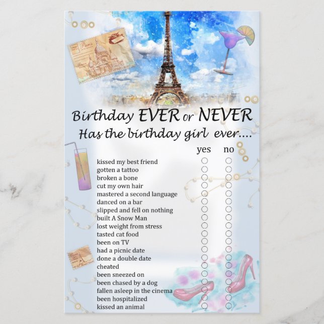 Eiffel tower Birthday ever or never game (Front)