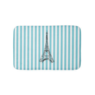 Eiffel Tower Blue and White Stripe Bath Mat