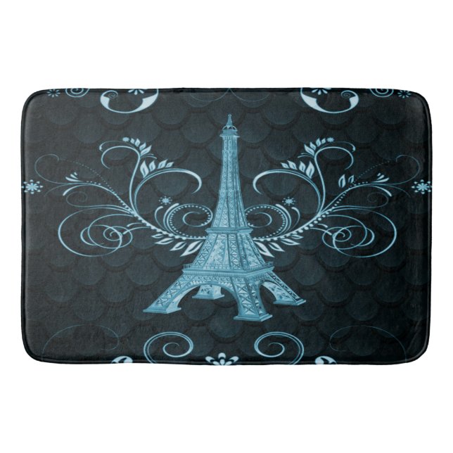 Eiffel Tower Blue Floral Swirls Bath Mat (Front)