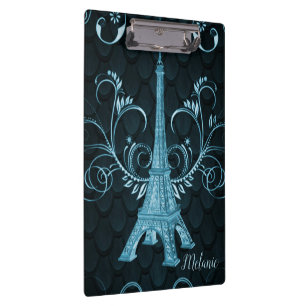 Eiffel Tower Blue Floral Swirls Clipboard