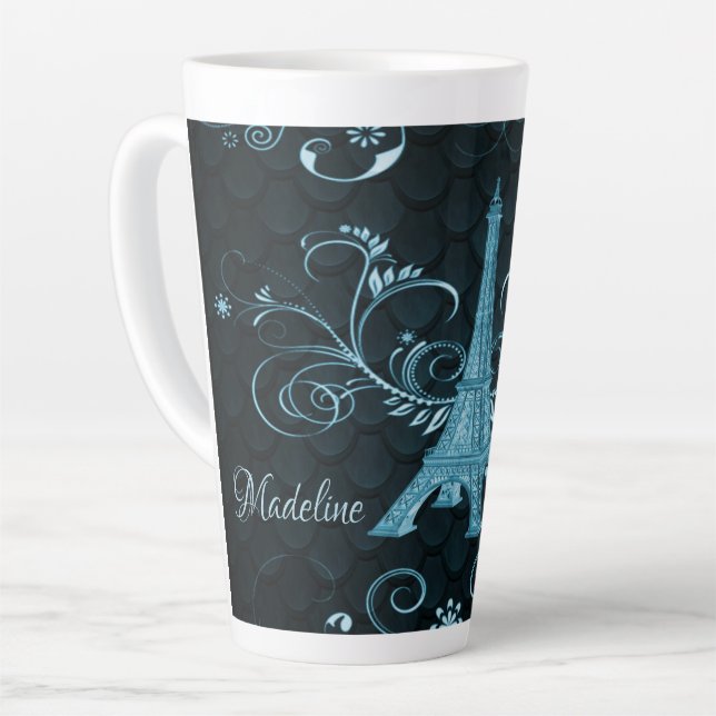 Eiffel Tower Blue Floral Swirls Latte Mug (Left Angle)