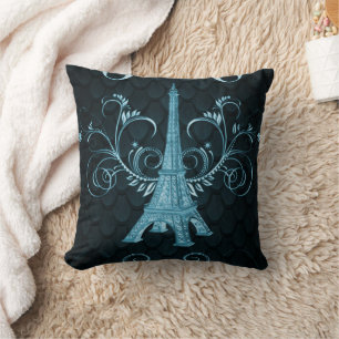Eiffel Tower Blue Floral Swirls Pillow