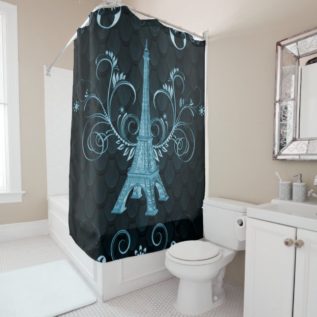 Eiffel Tower Blue Floral Swirls Shower Curtain (In Situ)