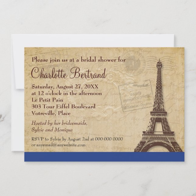 Eiffel Tower Blue Parisian Bridal Shower Invitation (Front)