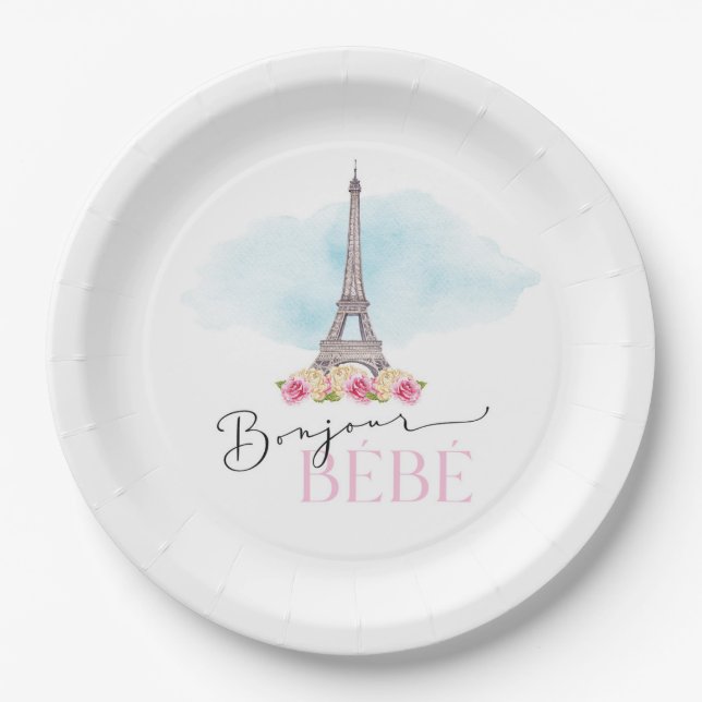 Eiffel Tower Bonjour Bébé Baby Shower Paper Plates (Front)