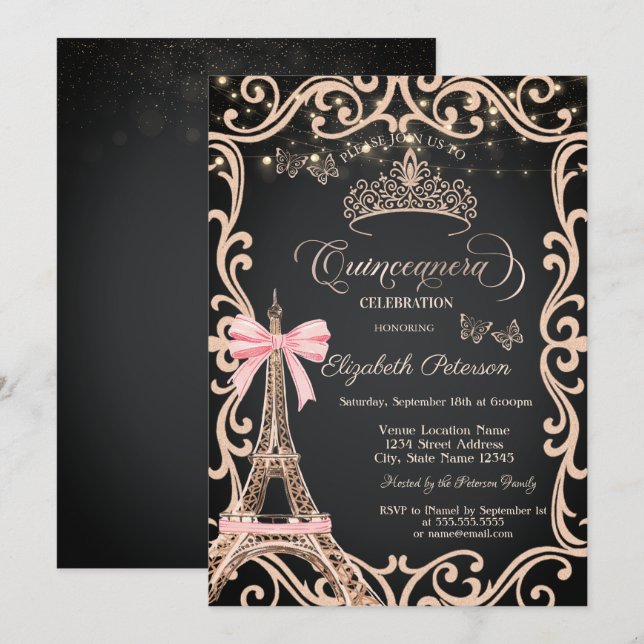 Eiffel Tower Bow Frame Dress Glitter Butterfly  Invitation (Front/Back)