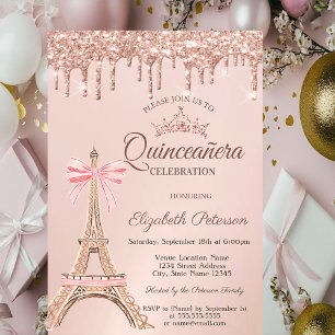 Eiffel Tower,Bow Rose Gold Drips Quinceañera Invitation