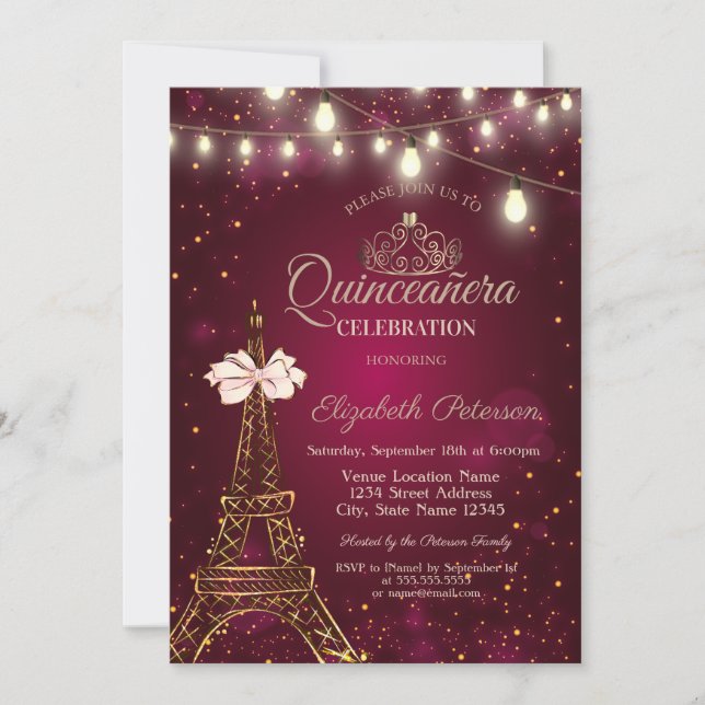  Eiffel Tower,Bow,Tiara Lights Red Quinceañera  Invitation (Front)