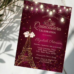 Eiffel Tower,Bow,Tiara Lights Red Quinceañera Invitation