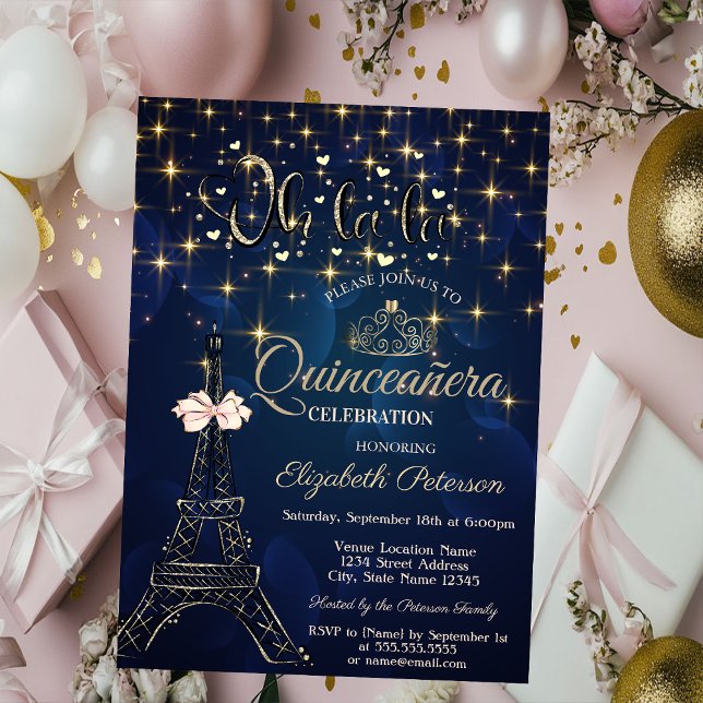 Eiffel Tower,Bow Tiara,Stars Navy Blue Quinceañera Invitation (Creator Uploaded)