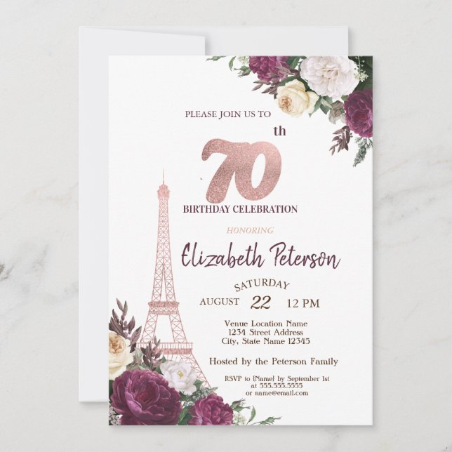 Eiffel Tower Burgundy Flowers 70th Birthday Invitation (Front)
