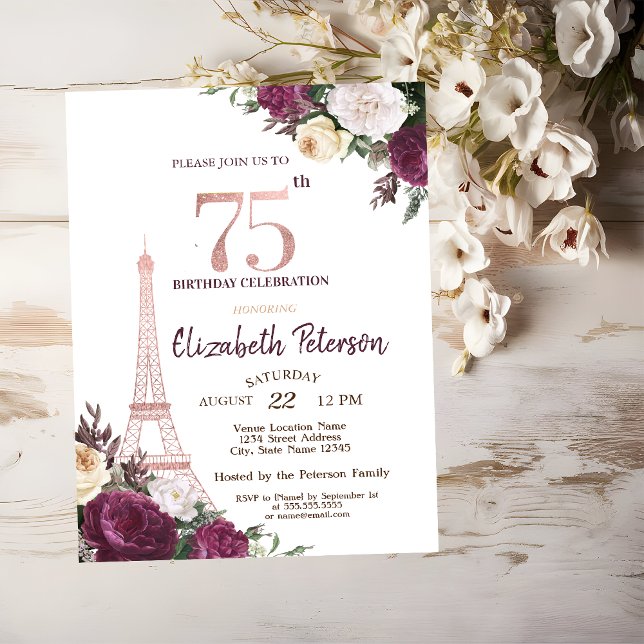 Eiffel Tower Burgundy Flowers 75th Birthday Invitation (Creator Uploaded)