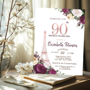 Eiffel Tower Burgundy Flowers 90th Birthday Invitation