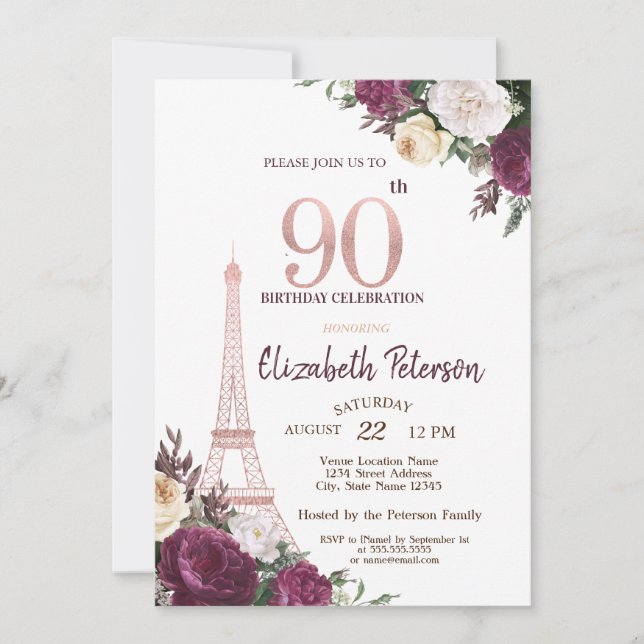 Eiffel Tower Burgundy Flowers 90th Birthday Invitation (Front)