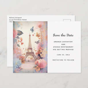Eiffel Tower Butterflies and Flowers Announcement Postcard