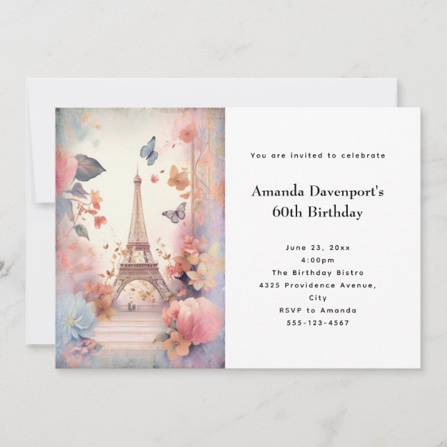 Eiffel Tower Butterflies and Flowers Birthday Invitation (Front)