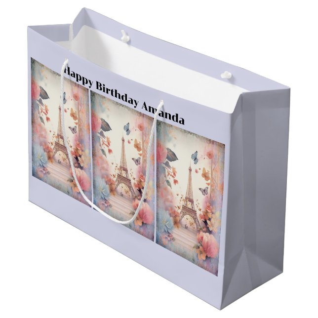 Eiffel Tower Butterflies and Flowers Birthday Large Gift Bag (Front Angled)