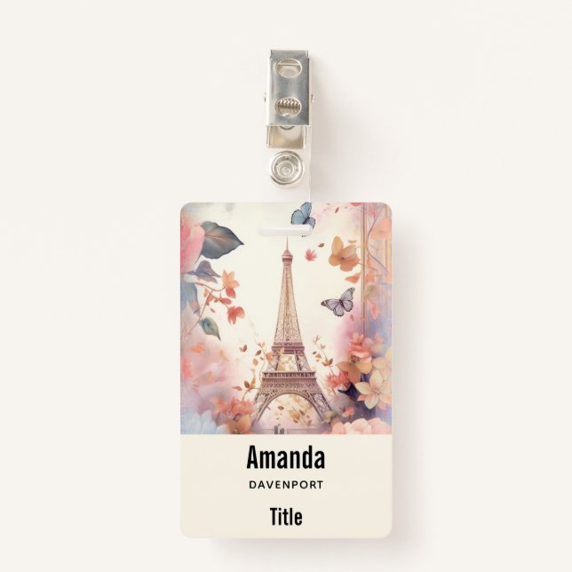 Eiffel Tower Butterflies and Flowers ID Badge (Front with Clip)