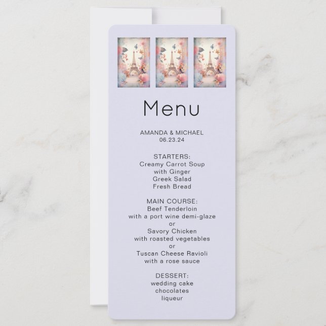  Eiffel Tower Butterflies and Flowers Menu Invitation (Front)