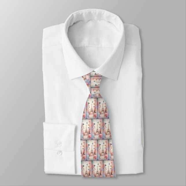 Eiffel Tower Butterflies and Flowers Pattern Tie (Tied)