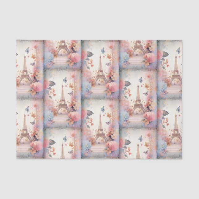 Eiffel Tower Butterflies and Flowers Pattern Tissue Paper (Front)