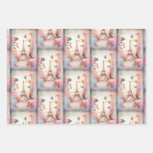 Eiffel Tower Butterflies and Flowers Pattern Wrapping Paper Sheet
