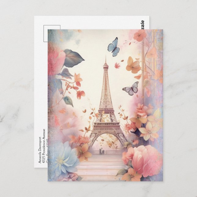 Eiffel Tower Butterflies and Flowers Postcard (Front/Back)
