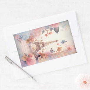 Eiffel Tower Butterflies and Flowers Rectangular Sticker